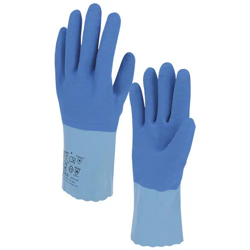 Par de guantes azules de látex para pescadero con superficie rugosa antideslizante y puño largo, mostrando marcado CE y normativas de seguridad.