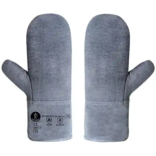 Par de manoplas anticalóricas textiles de color gris/azul (tipo lona) para horno, con marcado CE y normativa de seguridad visible.