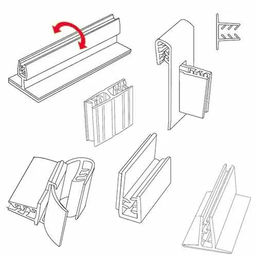Diferentes modelos de perfiles tipo gripper para la sujeci&oacute;n de carteler&iacute;a comercial, mostrando c&oacute;mo pinzan y sostienen carteles y p&oacute;steres sin necesidad de perforarlos.