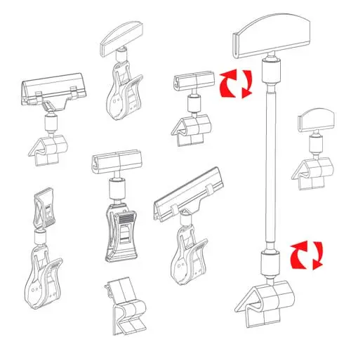 Diferentes modelos de pinzas articuladas y portacarteles de pl&aacute;stico para comercios, mostrando sujeciones dobles dise&ntilde;adas para fijar cartulinas de precios en cestas y estanter&iacute;as.