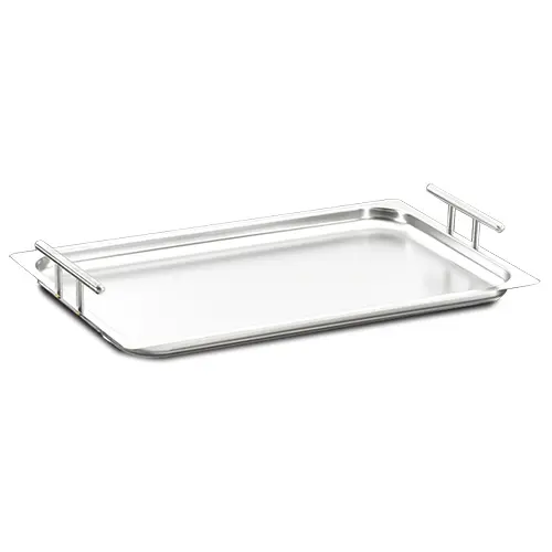 Bandeja Gastronorm de acero inoxidable con asas laterales fijas para hosteler&iacute;a y buffet.