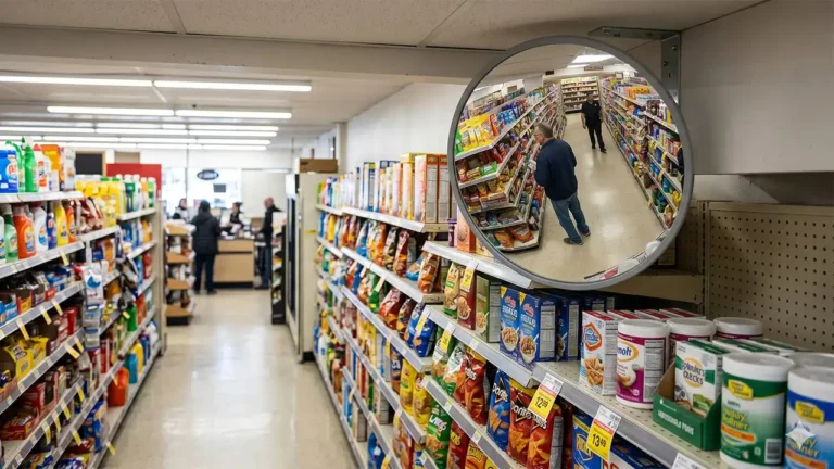 Espejo de seguridad convexo instalado en el pasillo de un supermercado para prevenir robos.