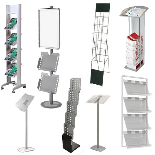Portacat&aacute;logos y portafolletos de pie de pared, fijos, con ruedas