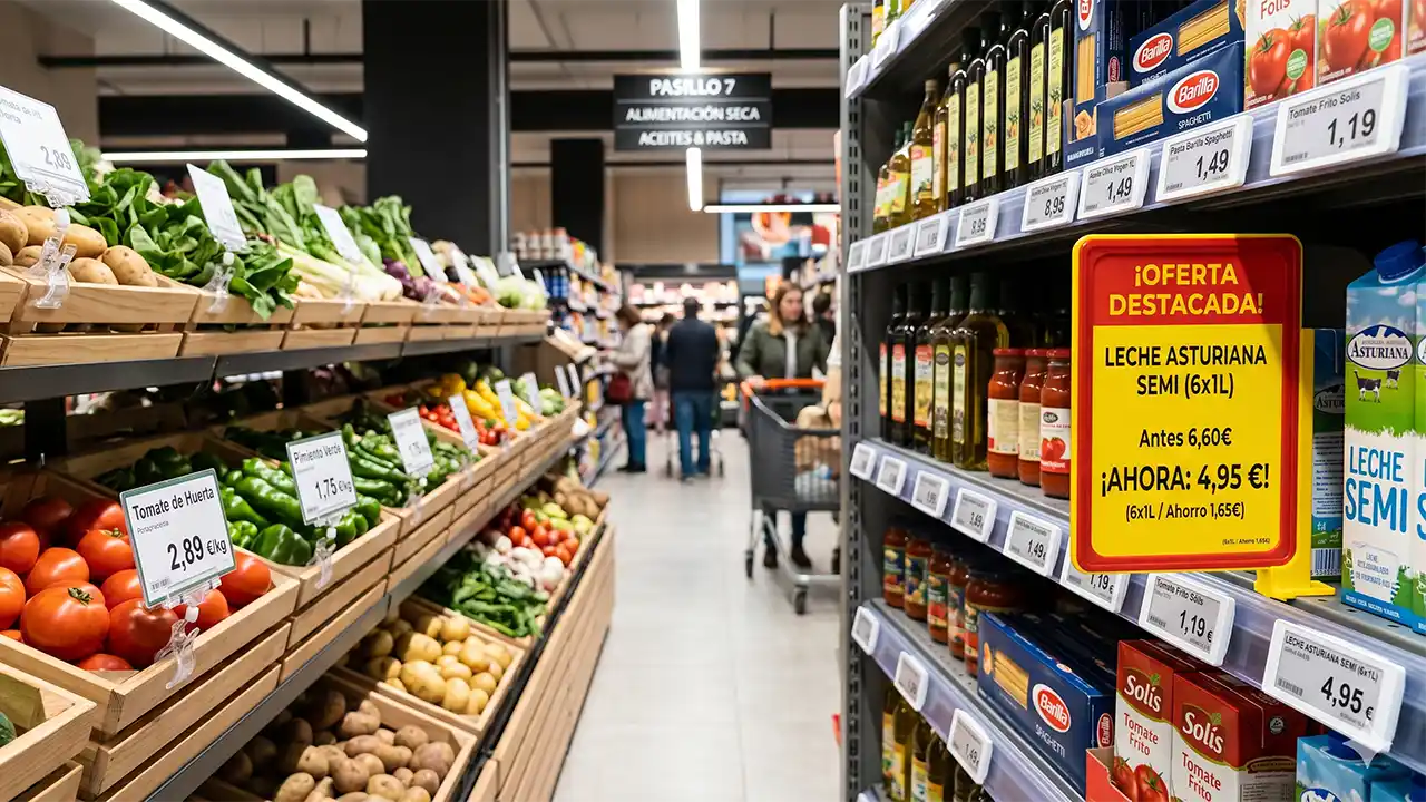 Comparativa de portaprecios de pinza articulada y sistemas de carril en un supermercado.